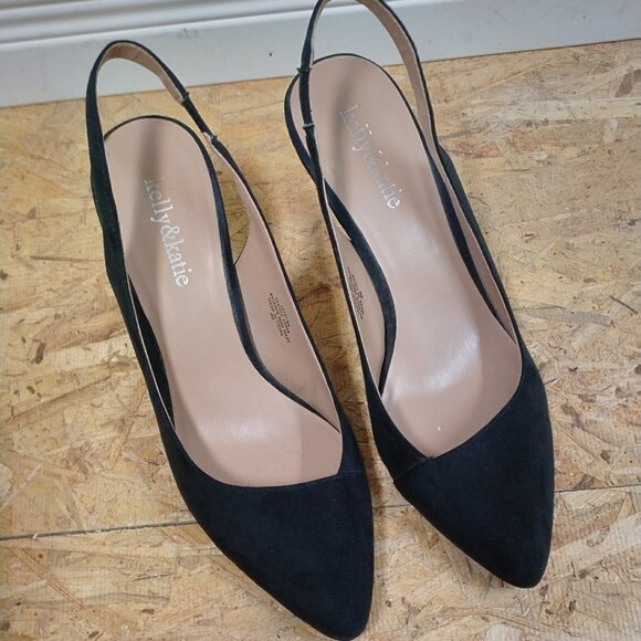 Black Vegan Suede Sling-Back Heels - Picture 1 of 12
